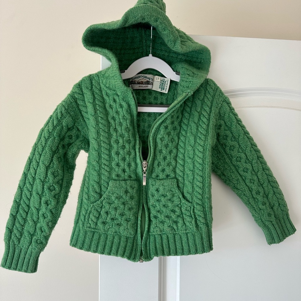 Aran Crafts Ireland Merino Wool Zip Jacket Cardigan Kids 6 7 year Jumper Green 2